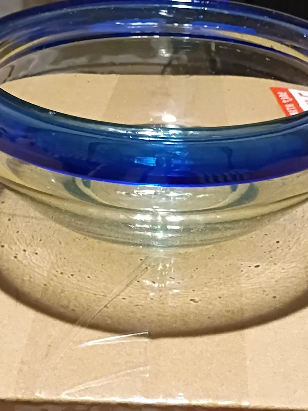 Hand Blown Mexican Glass Bowl Cobalt Blue Rim GUC